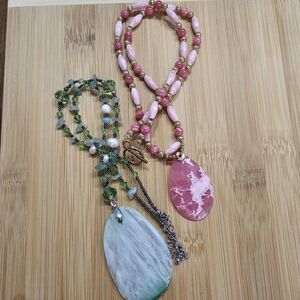 Pink and Green Gemstone and Glass Bead Artisan Necklaces Bundle Set